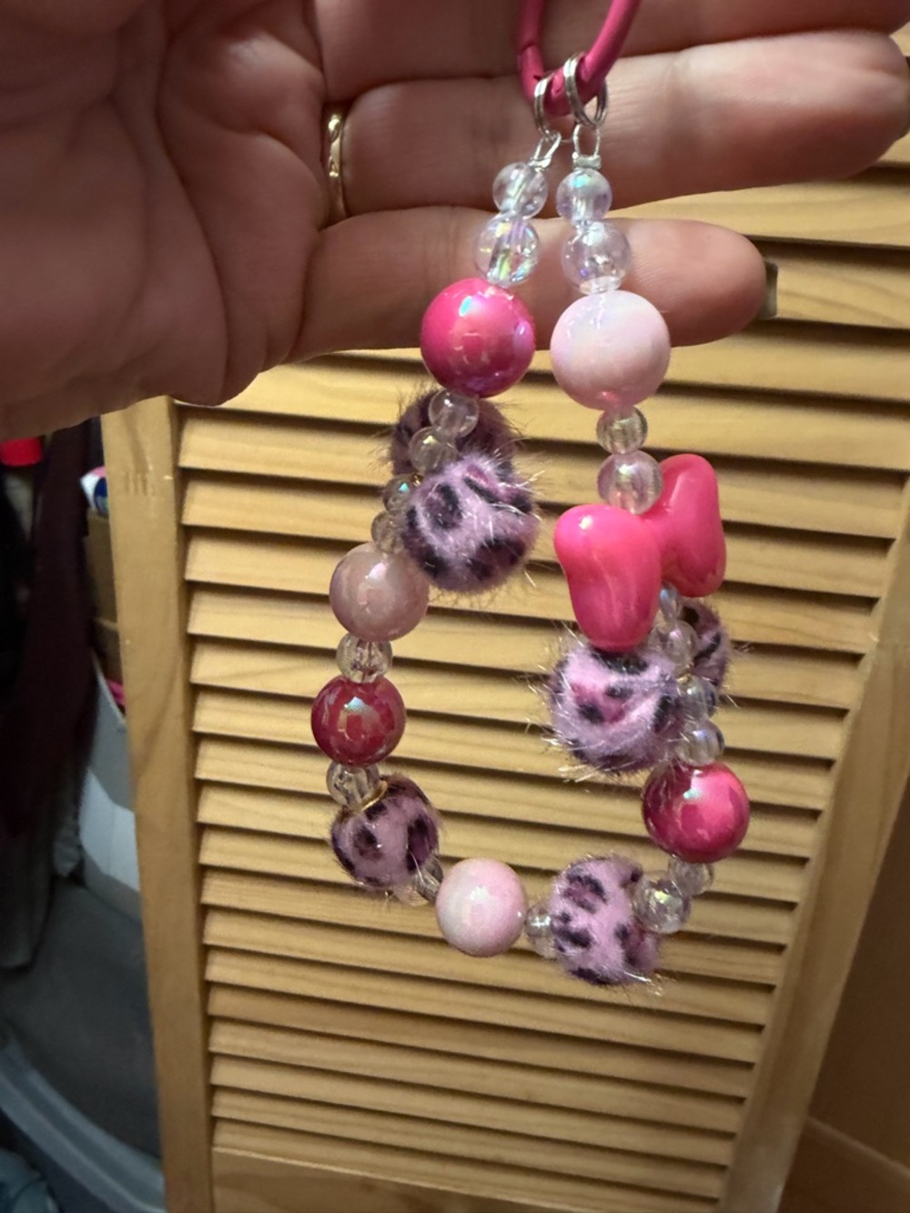 Pink Beaded Charm Bracelet with Leopard Fur Accents